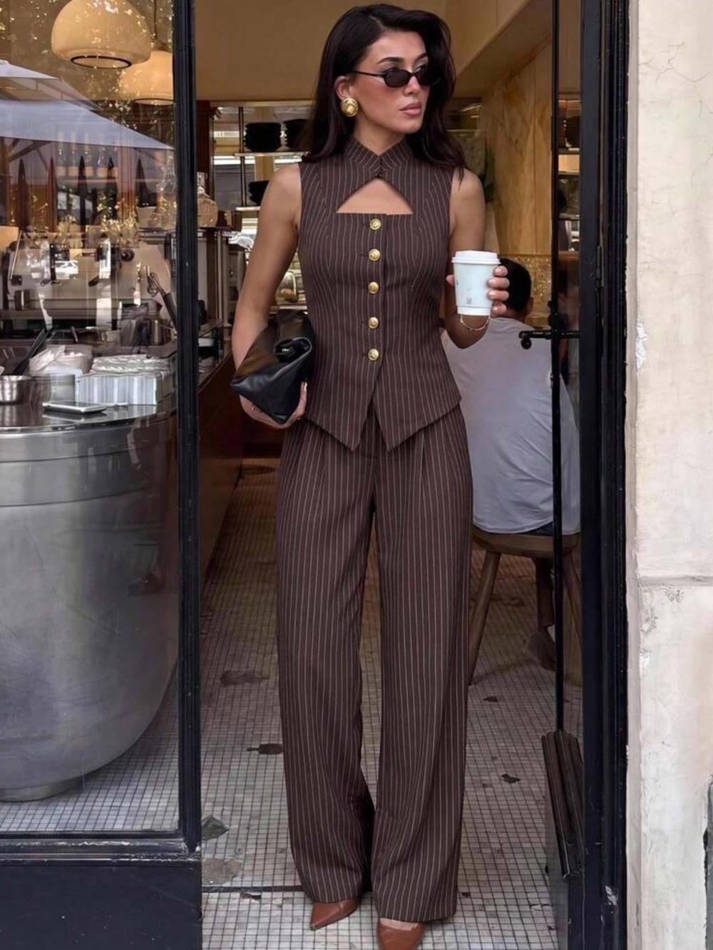 Brown Pinstripe Sleeveless Pantsuit